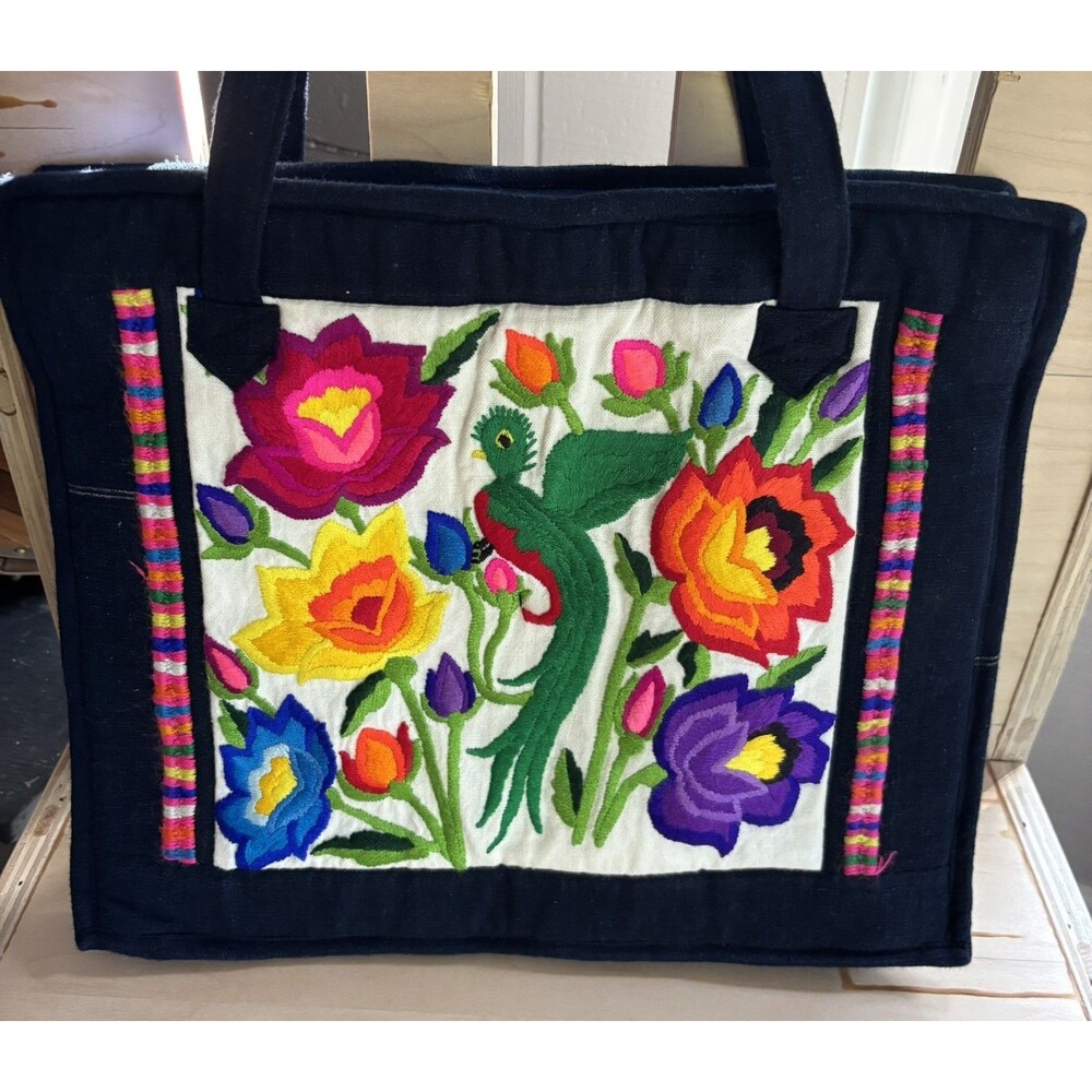 Bright Multicolored Floral Bird Embroidered Bag Tropical Flowers and Pansies